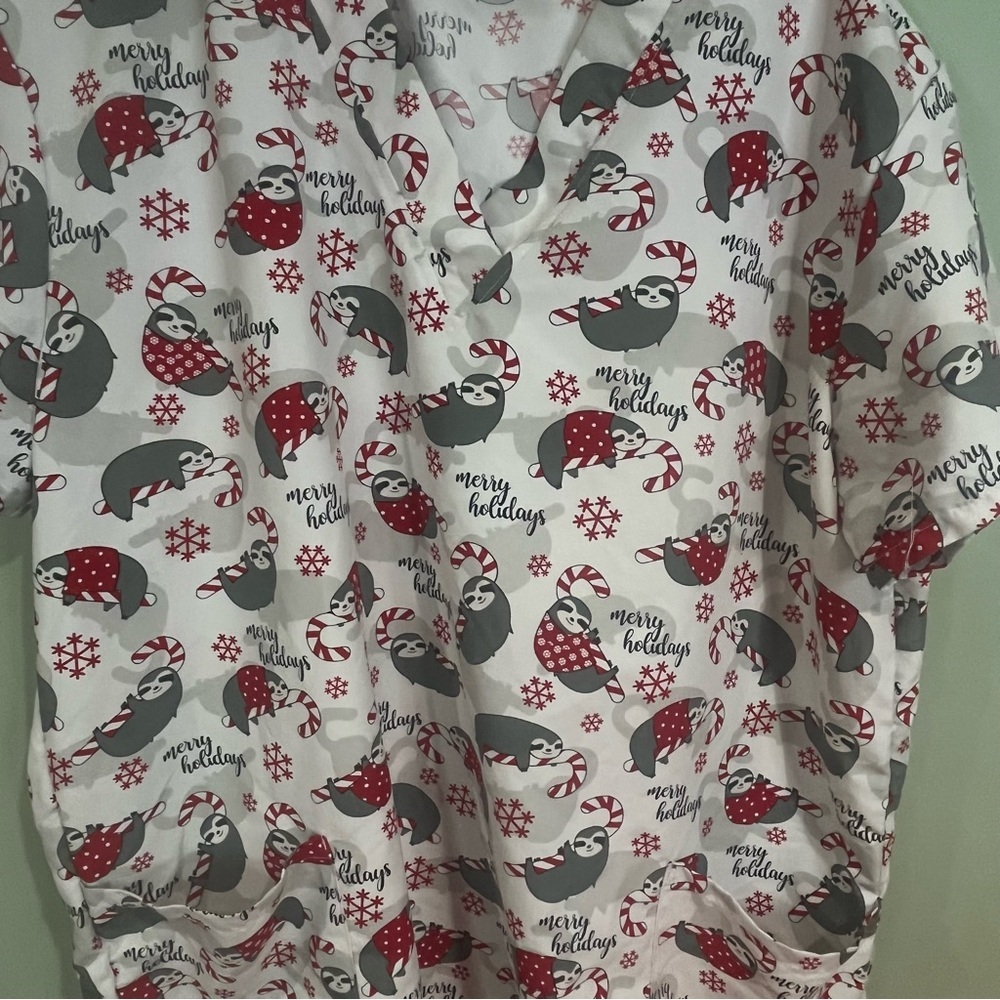 6/$25 Holiday Sloth Print Short-Sleeve Scrub Top - White/Red/Gray - Picture 2 of 8